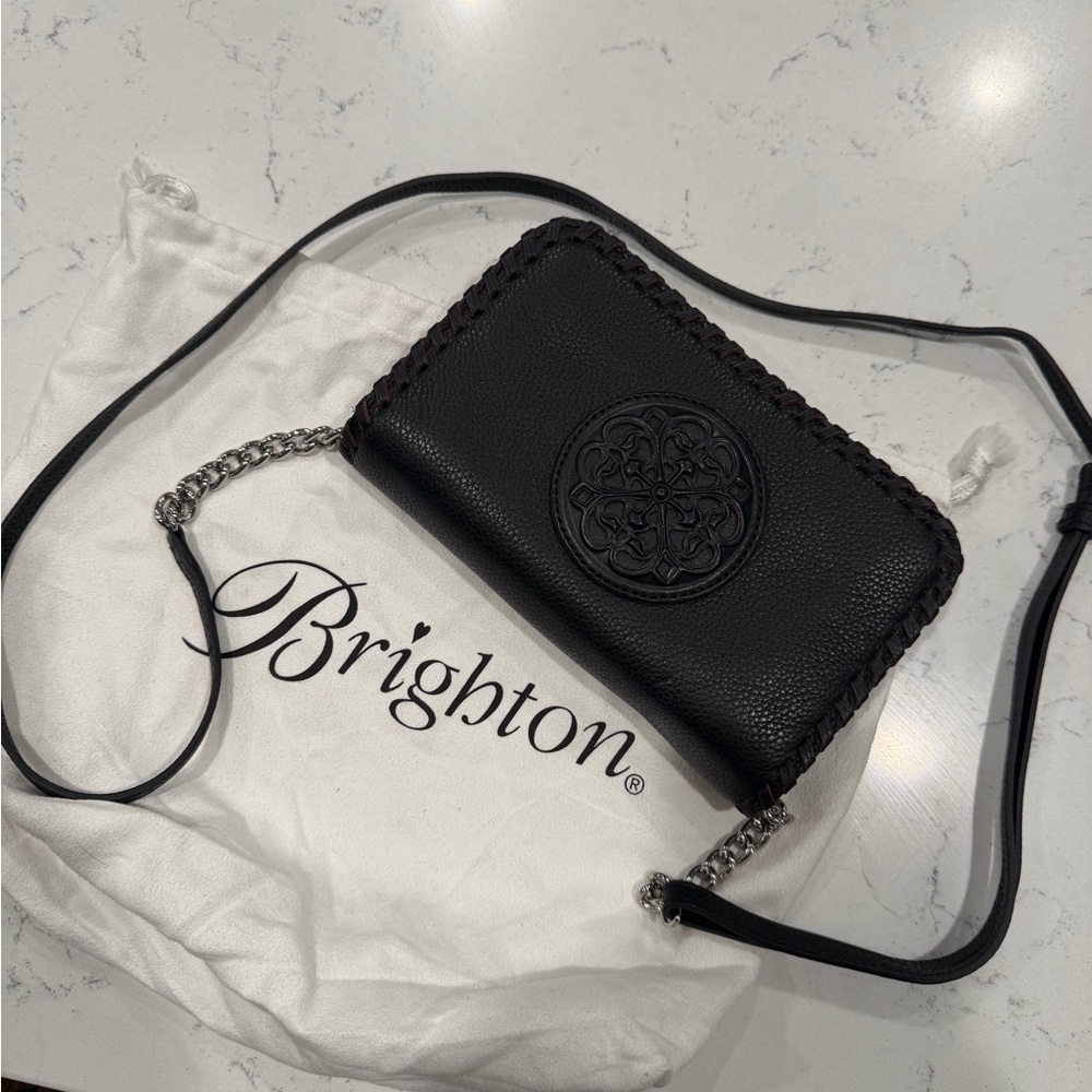 Brighton Ferrara Black Pebble Leather Crossbody with Medallion and Chain Strap